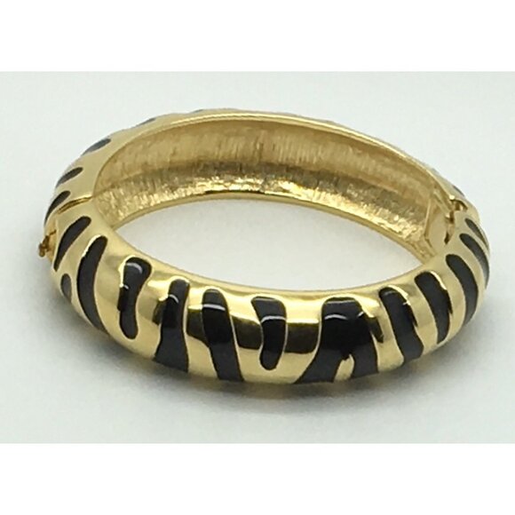 Joan Rivers Hinged Bracelet Clamper Black Gold Animal Print  Stripe  7 “ Chunky - Picture 3 of 5